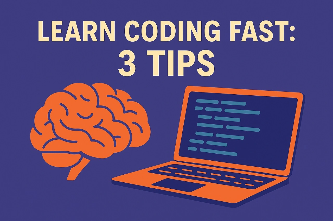 Illustration of a brain and a laptop with the text 'Learn Coding Fast: 3 Tips' — promoting step-by-step coding for beginners.