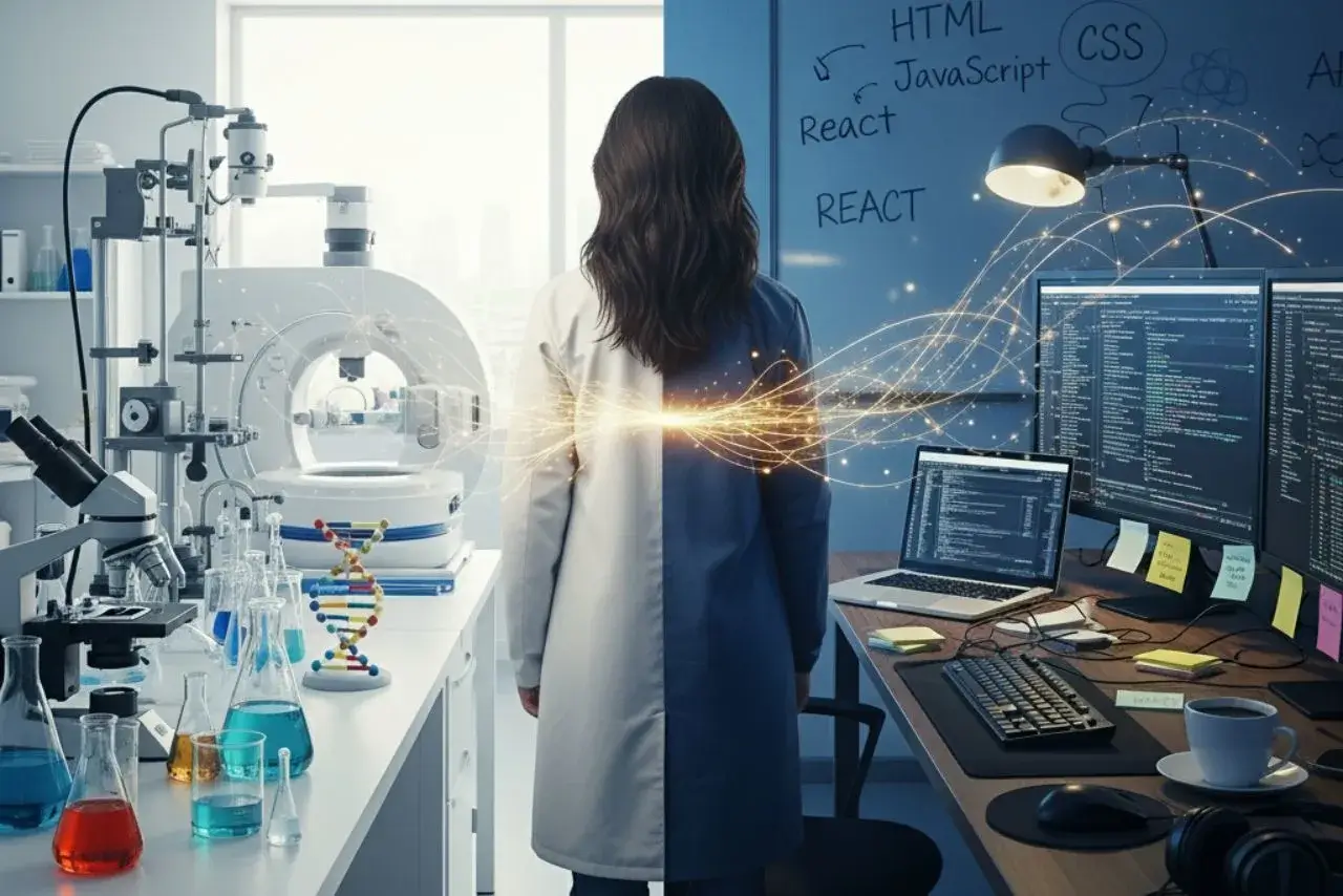 An image of a person standing with their back to the viewer. Their body is split into two halves: one side, wearing a white lab coat, is in a science laboratory, while the other side, wearing a gray sweatshirt, is in an office with computer monitors and equipment. Lines of light connect the two spaces in the center of the image.