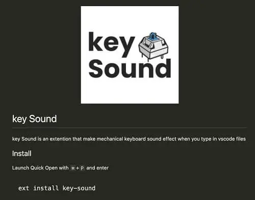 A white square logo for the "key Sound" VS Code extension. The logo features a simple illustration of a mechanical keyboard key switch. The text below says "key Sound" and explains the extension adds mechanical keyboard sound effects when you type.