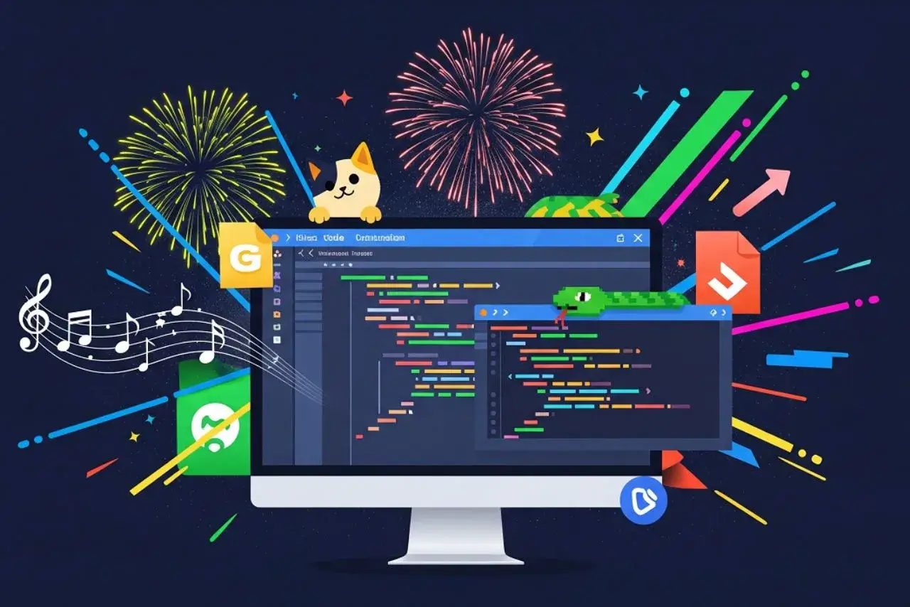 The provided image is a featured graphic for an article about fun VS Code extensions. It shows a stylized computer screen with code and various visual elements representing the extensions, such as musical notes, a pixelated snake, a pet (cat), and fireworks, all set against a dark, cosmic background.
