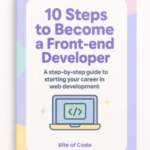 E-book cover for "10 Steps to Become a Front-end Developer". The graphic depicts a laptop with a code symbol on a pastel background.