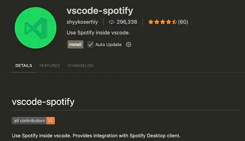 The "vscode-spotify" extension logo, which is the standard VS Code logo with a Spotify icon superimposed on it. The description says it allows you to use Spotify inside VS Code.