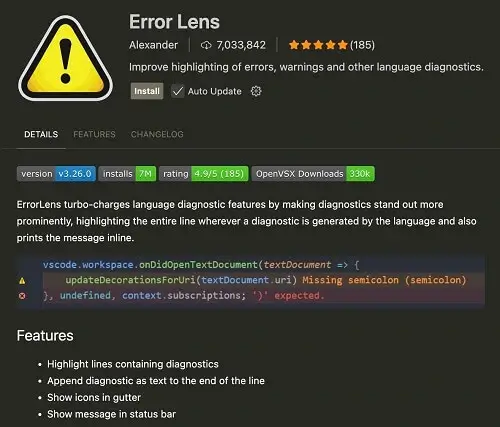 A yellow warning sign logo for the "Error Lens" extension. The screenshot shows a line of code with a red highlight and an error message next to it that says "Missing semicolon (semicolon)".