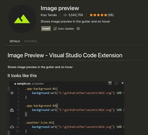 A green mountain-shaped logo for the "Image preview" VS Code extension. The screenshot shows a CSS file with code for a background image and a small preview of a mountain icon next to the code.
