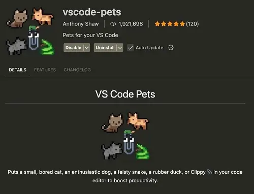 The "vscode-pets" extension logo, featuring small pixel art images of a cat, dog, and snake. A screenshot below shows a small pixel art cat sitting at the bottom of the code editor.