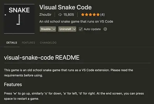 A simple pixel-art logo for the "Visual Snake Code" extension, with the word "SNAKE" and a vertical line of pixels representing the snake. The description mentions it's an old-school snake game that runs in VS Code.