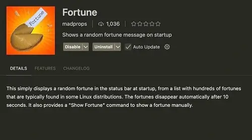 A logo for the "Fortune" extension showing a fortune cookie. The description explains that it shows a random fortune message in the status bar at startup.