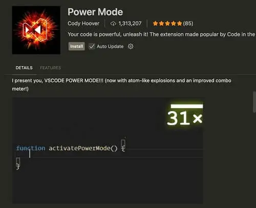 A logo for the "Power Mode" extension, showing a fiery orange and red symbol. The screenshot displays an intense visual effect of bright explosions and a combo counter as the user types.