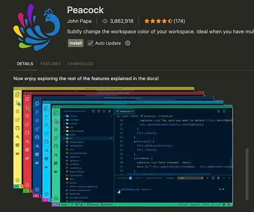 The logo for the "Peacock" extension, a colorful, abstract peacock feather with blue, green, and red elements. The screenshot shows multiple VS Code windows open, each with a different colored border.