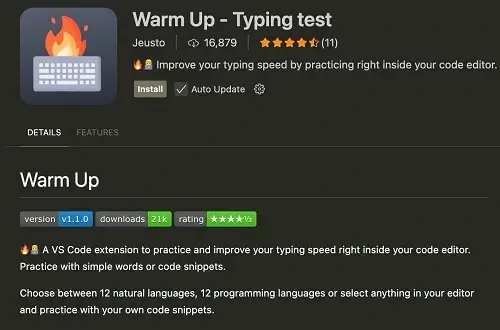 The "Warm Up - Typing test" extension logo showing a flaming keyboard. The screenshot shows text and a typing speed in the top right corner.