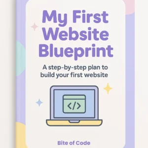 My First Website Blueprint e-book cover, showing a laptop with a code symbol.