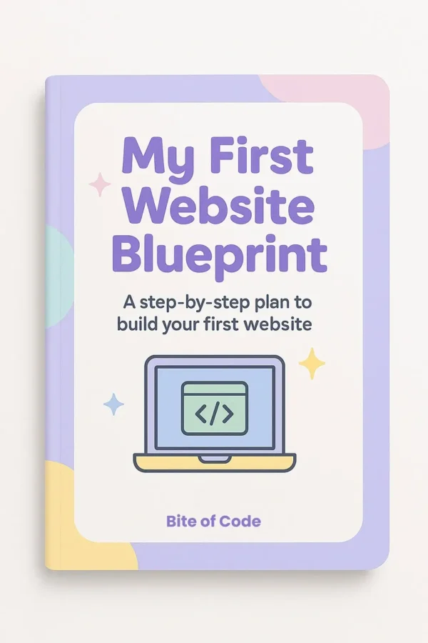 My First Website Blueprint e-book cover, showing a laptop with a code symbol.
