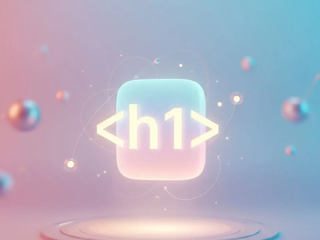 A minimalist HTML icon featuring the tag, rendered in soft pastel pink and blue, floating above a glowing platform. It's surrounded by delicate, futuristic elements, perfect for beginner web developers learning the basics of website structure.