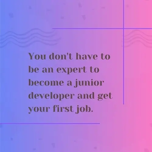 Graphic: Motivational quote for aspiring developers: "You don't have to be an expert to become a junior developer and get your first job." Encourages focus on progress.