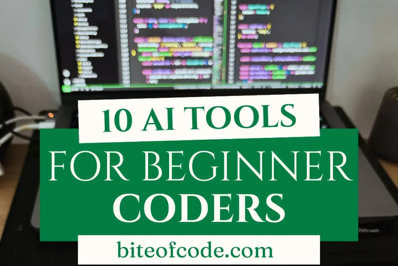 Keyboard with code on screen and text overlay promoting 10 AI tools for beginner coders – biteofcode.com